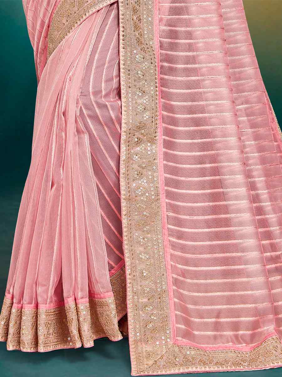 Pink Fancy Tissue Embroidered Wedding Festival Heavy Border Saree