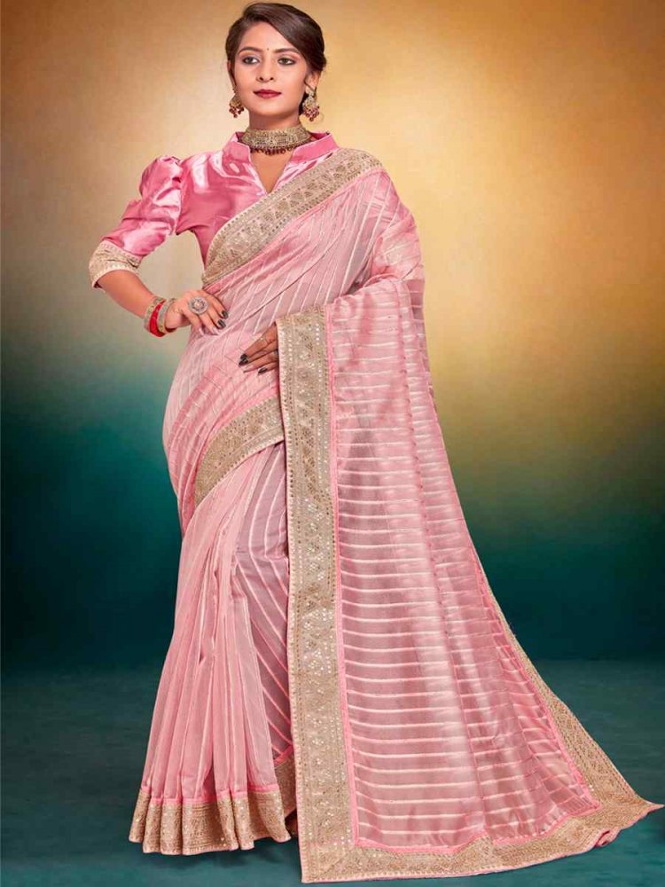 Pink Fancy Tissue Embroidered Wedding Festival Heavy Border Saree