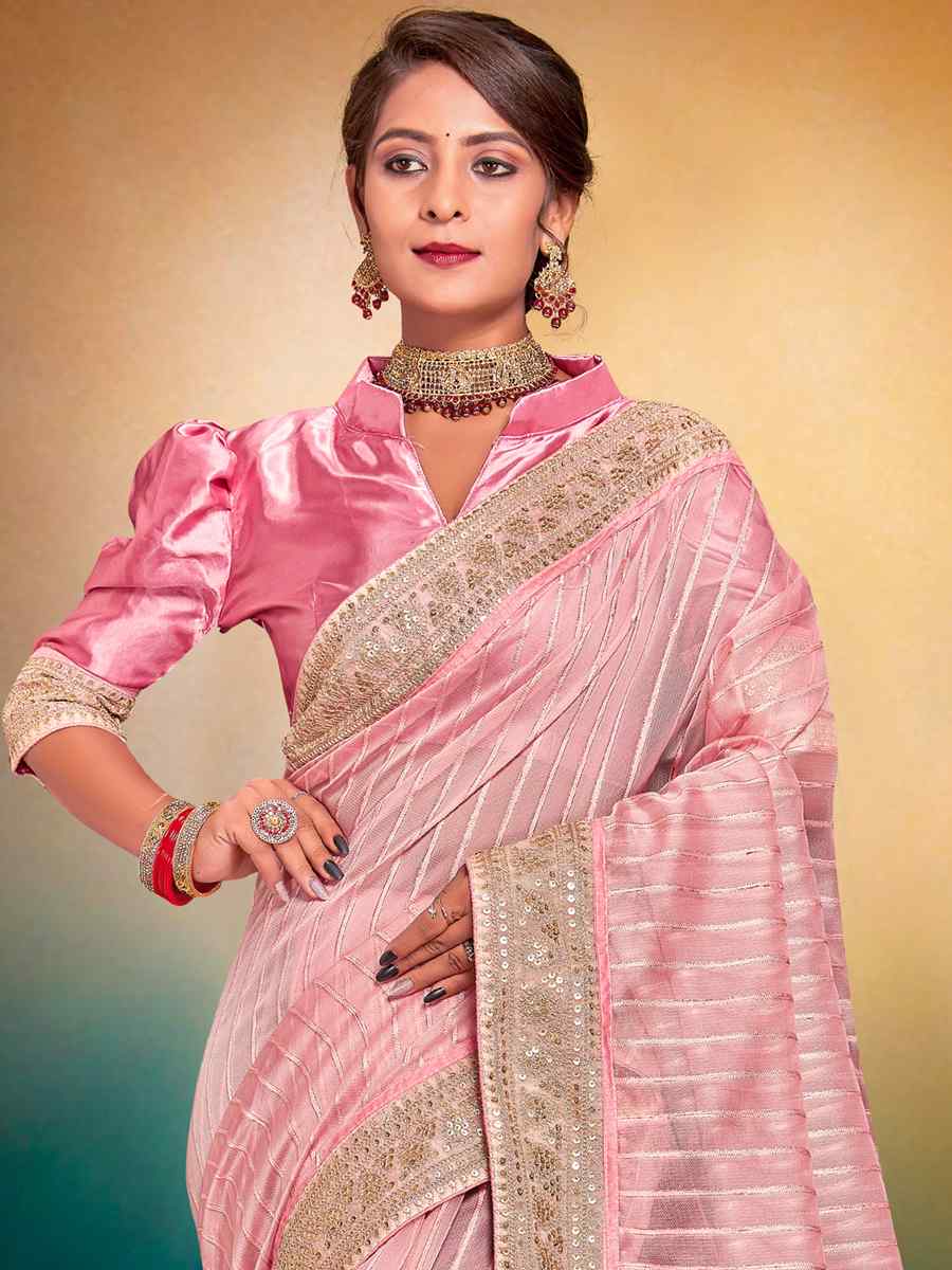 Pink Fancy Tissue Embroidered Wedding Festival Heavy Border Saree