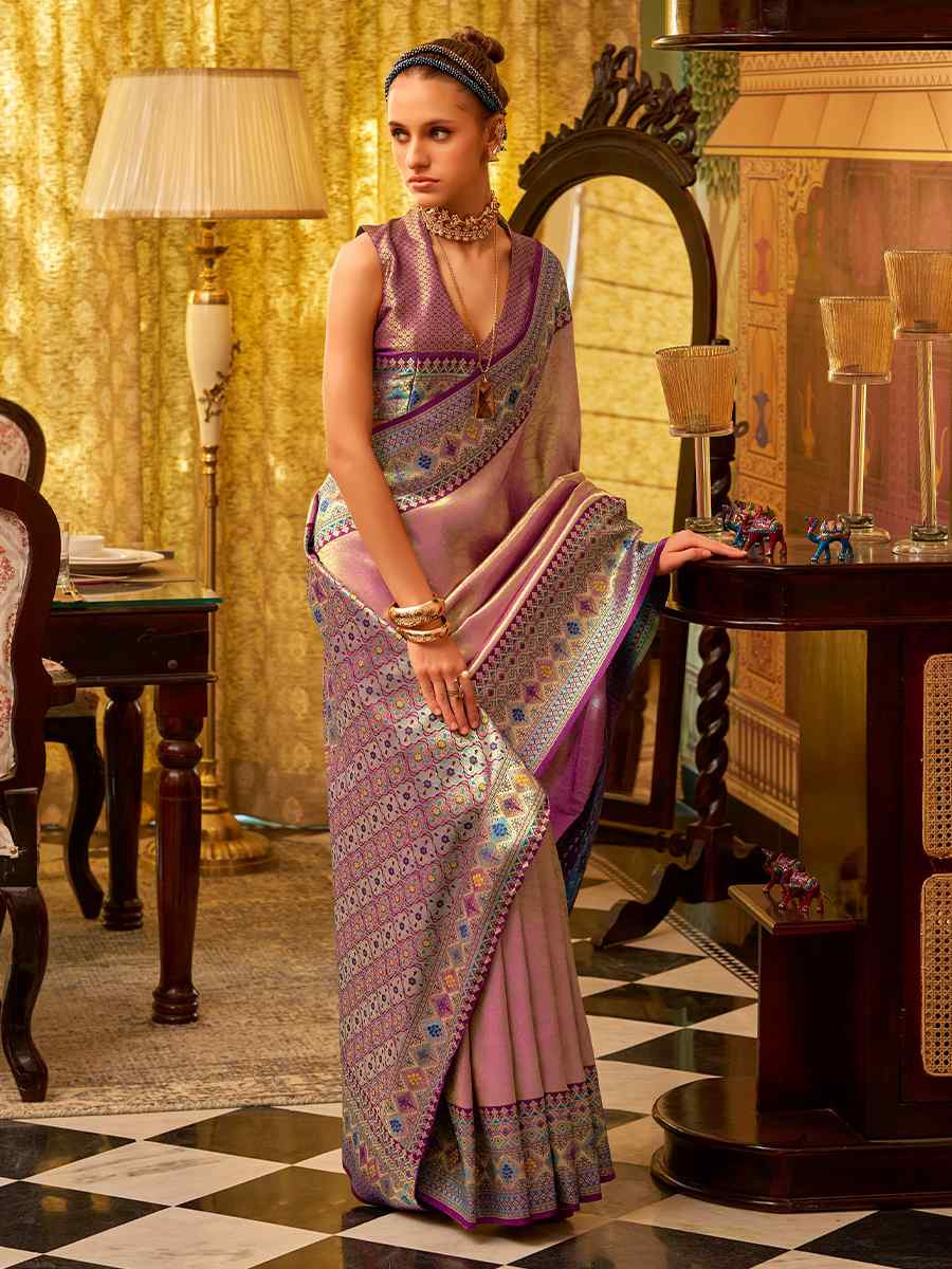 Pink Fancy Tissue Silk Handwoven Festival Wedding Fancy Heavy Border Saree