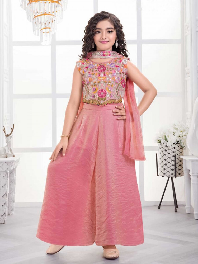 Image of Pink Fandy Silk Fandy Silk Embroidered Traditional Ethnic Casual Festival Party Wedding Salwars Girls Wear