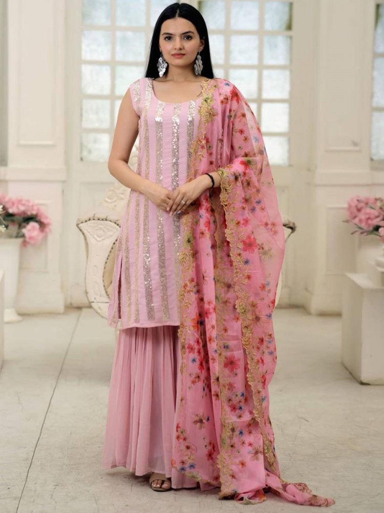 Pink Faux Blooming Embroiderd Festival Party Ready Palazzo Pant Salwar Kameez