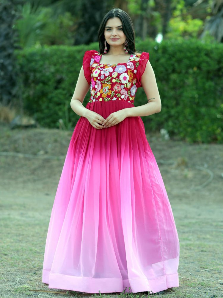 Pink Faux Blooming Embroidered Festival Party Gown