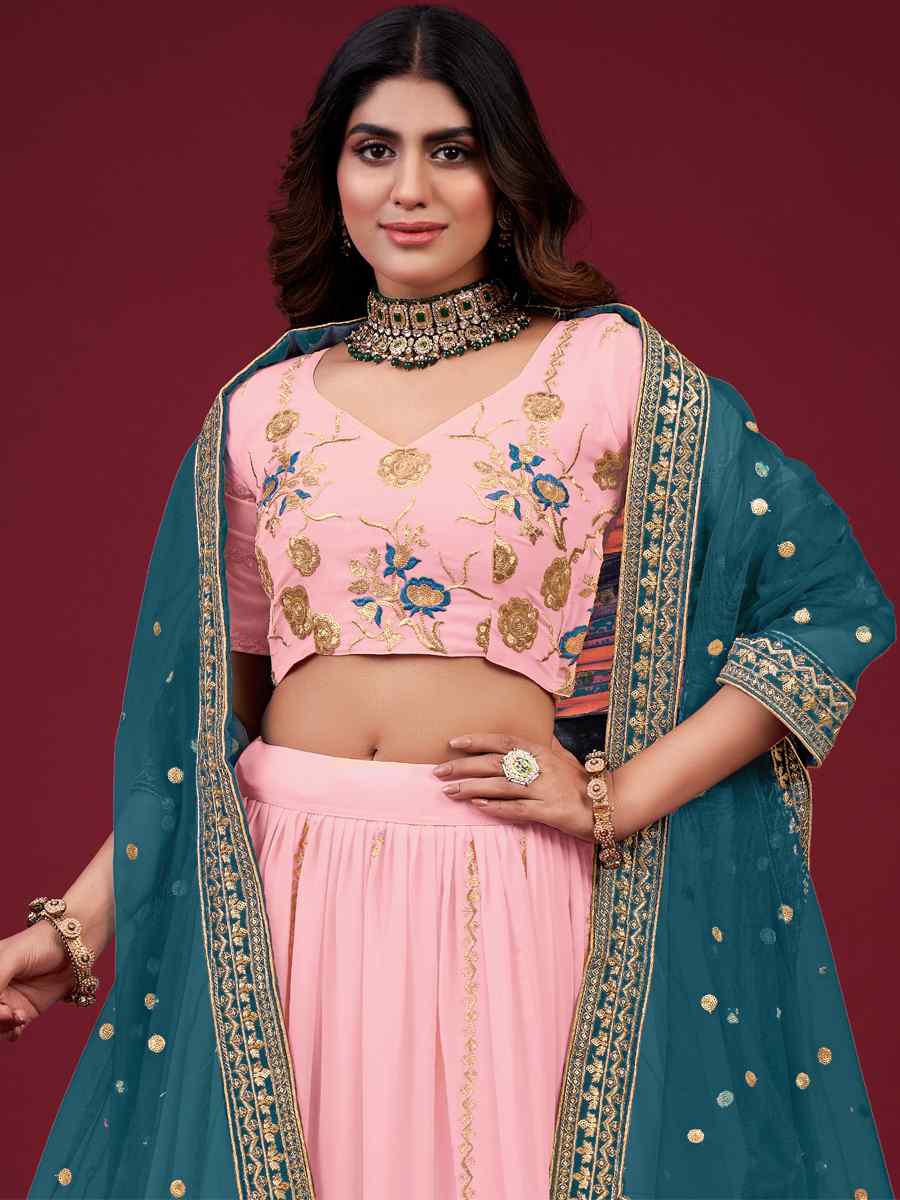 Pink Faux Georgette Embroidered Engagement Wedding Heavy Border Lehenga Choli