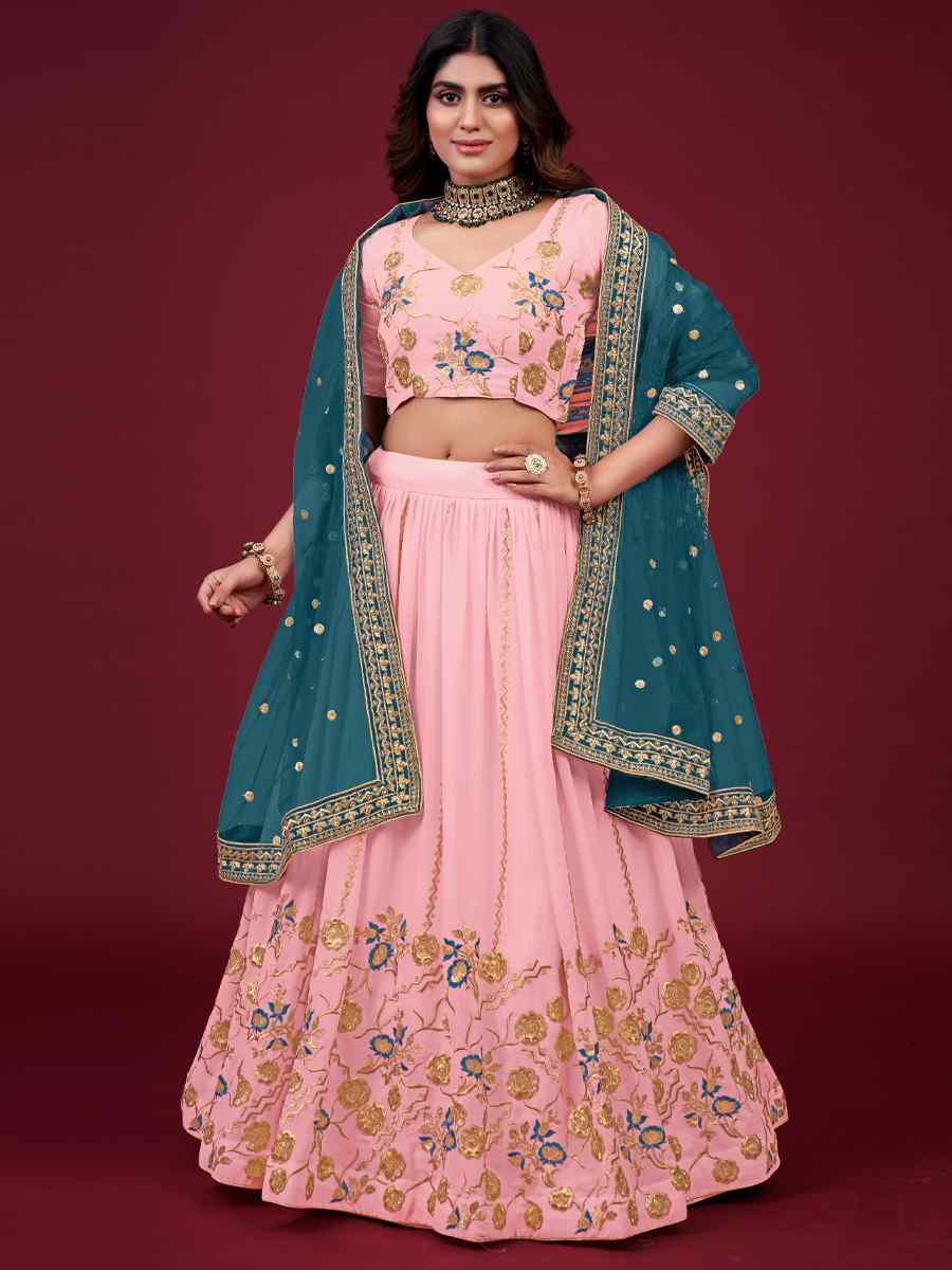 Pink Faux Georgette Embroidered Engagement Wedding Heavy Border Lehenga Choli