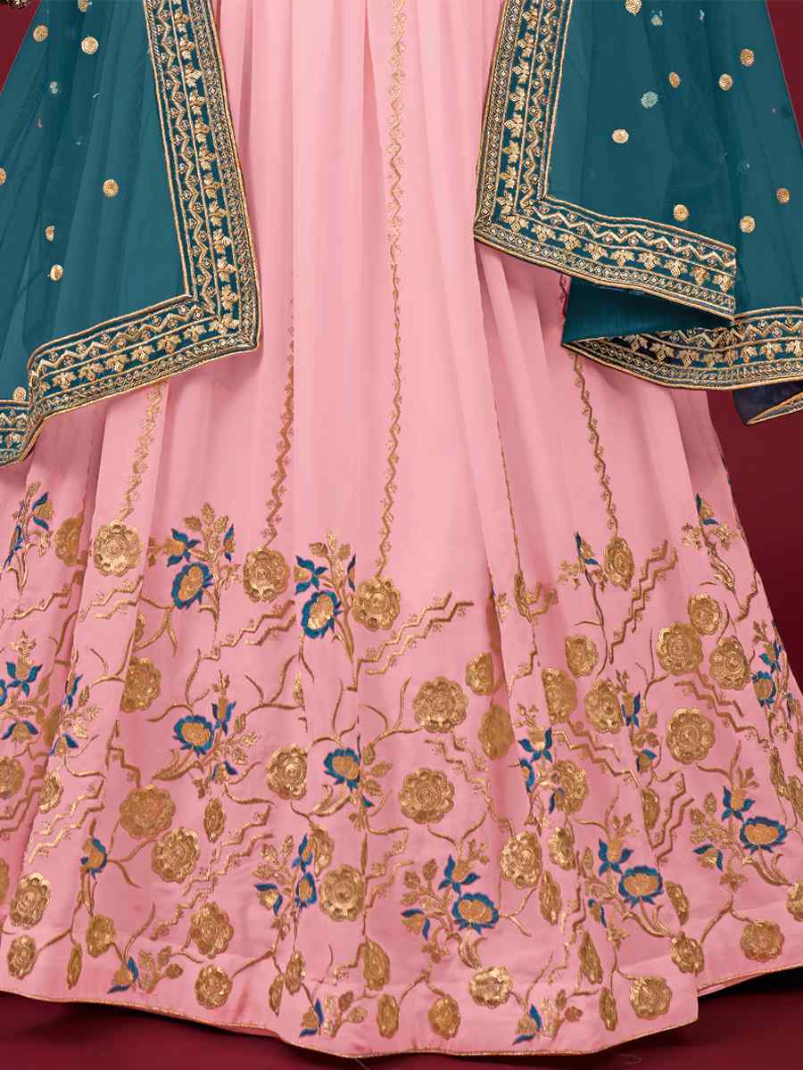 Pink Faux Georgette Embroidered Engagement Wedding Heavy Border Lehenga Choli