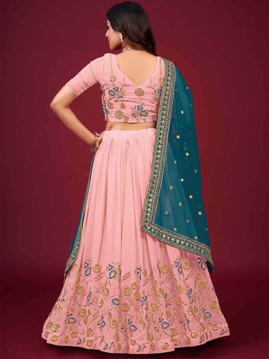 Pink Faux Georgette Embroidered Engagement Wedding Heavy Border Lehenga Choli