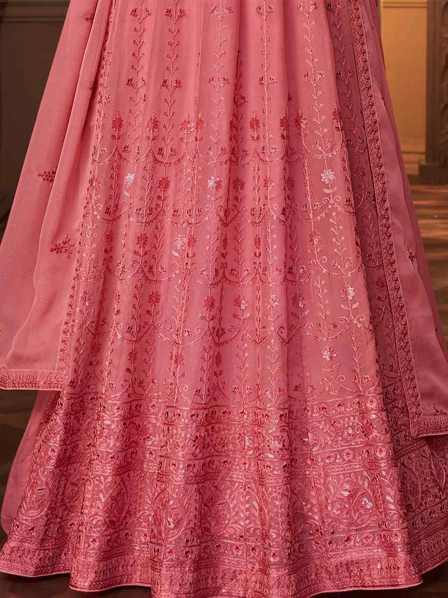 Pink Faux Georgette Embroidered Festival Bollywood Style Anarkali Salwar Kameez