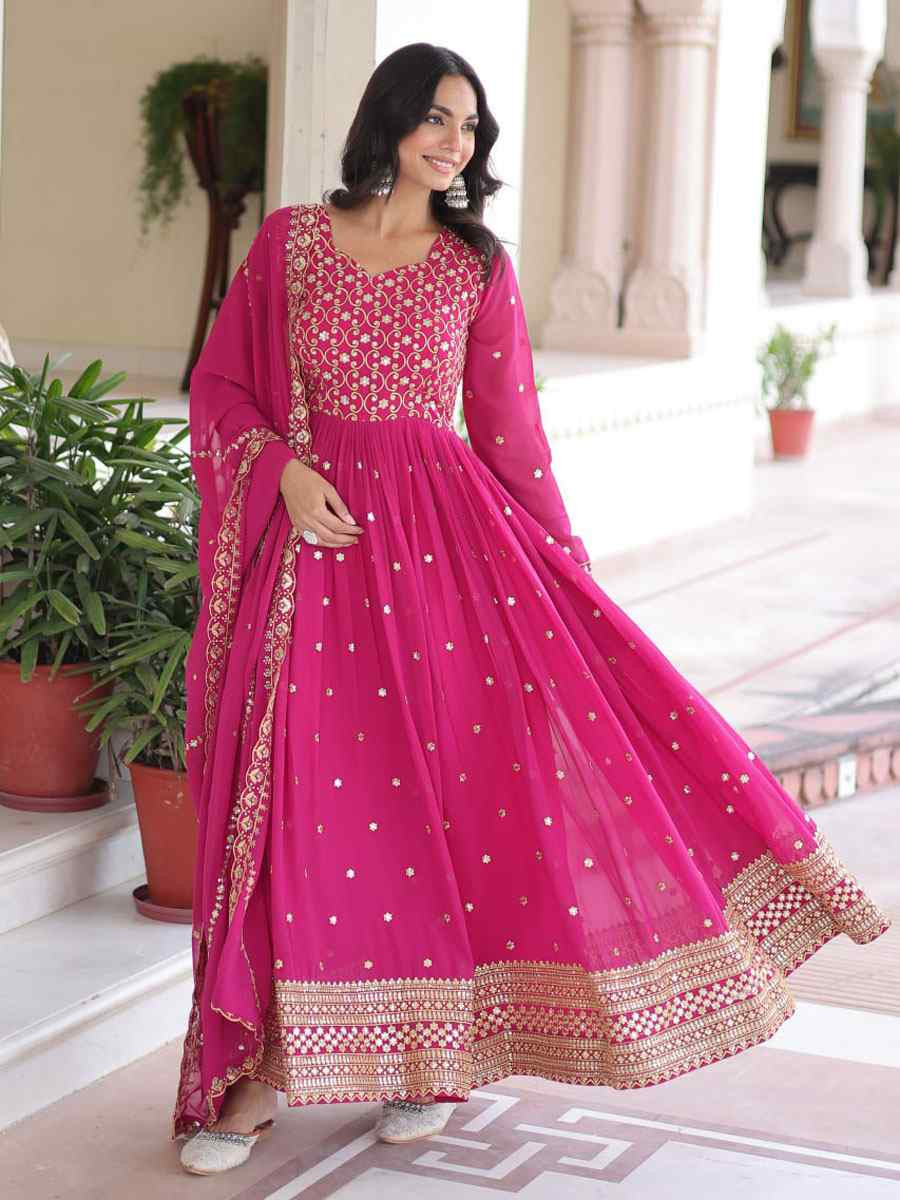 Pink Faux Georgette Embroidered Festival Casual Gown Women Wear