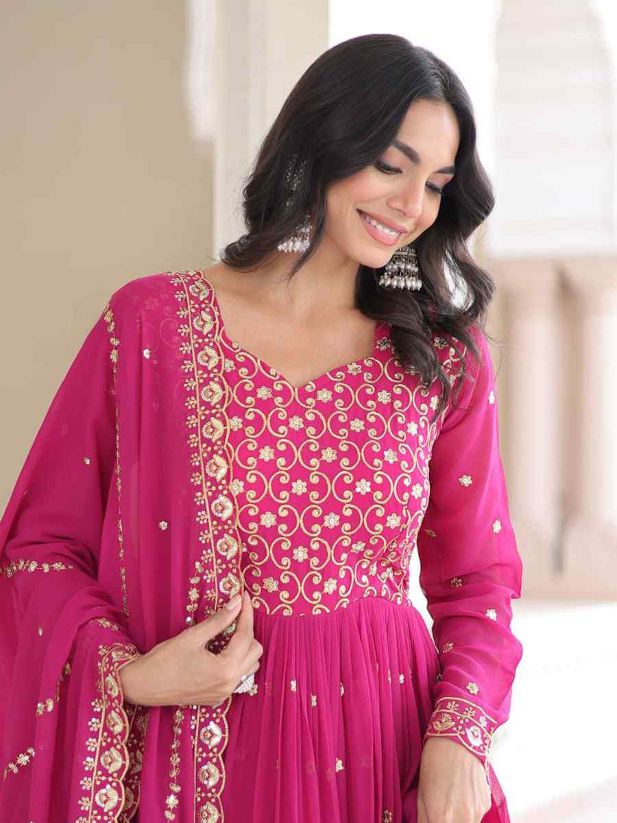 Pink Faux Georgette Embroidered Festival Casual Gown Women Wear