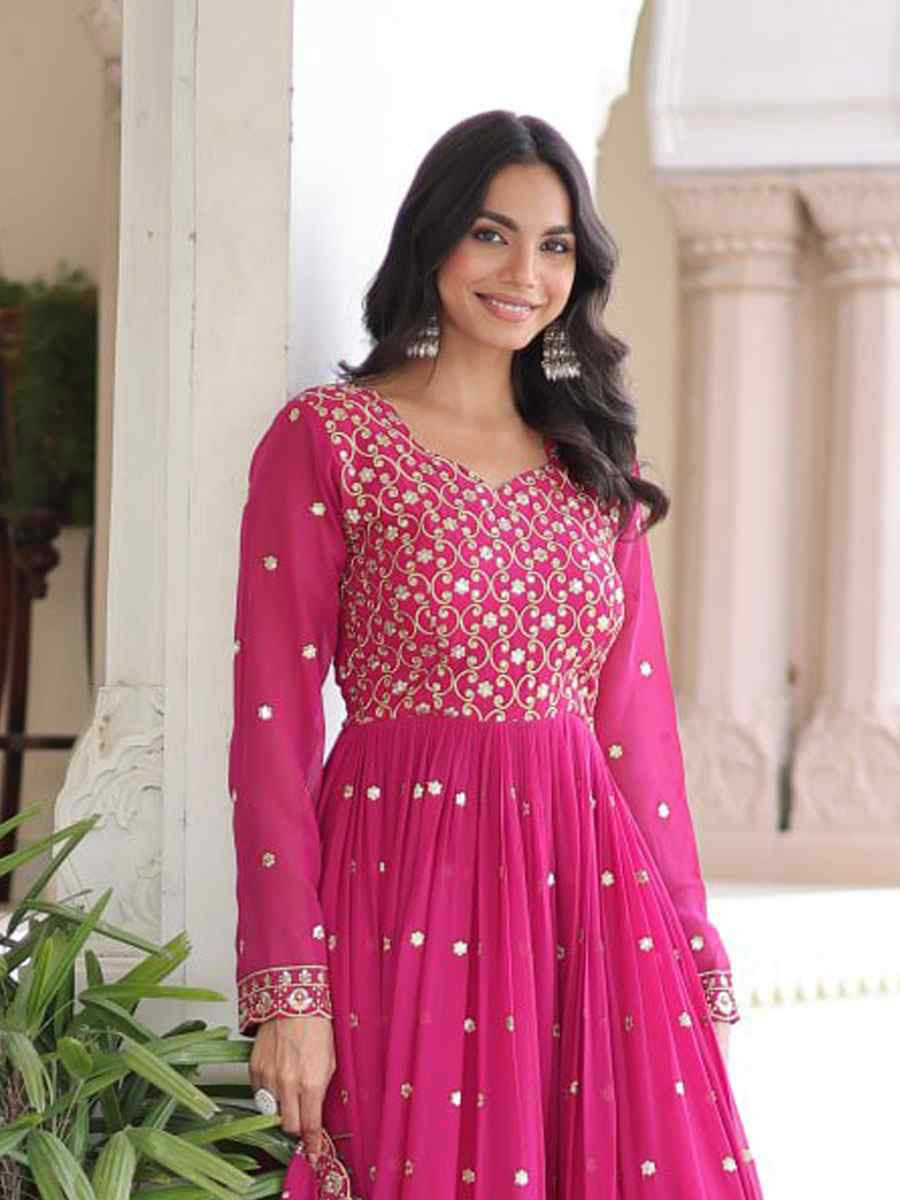 Pink Faux Georgette Embroidered Festival Casual Gown Women Wear