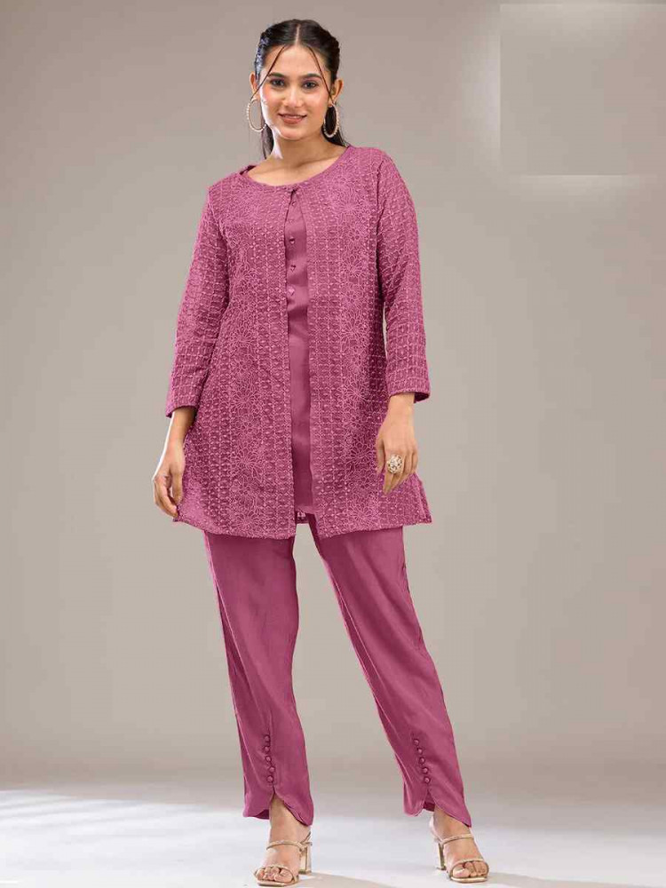 Image of Pink Faux Georgette Embroidered Festival Casual Kurti Bottom Women Wear