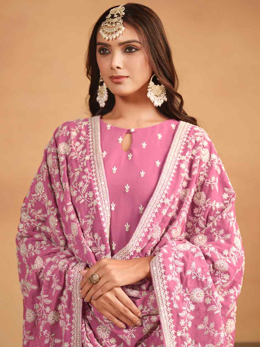 Pink Faux Georgette Embroidered Festival Casual Pant Salwar Kameez
