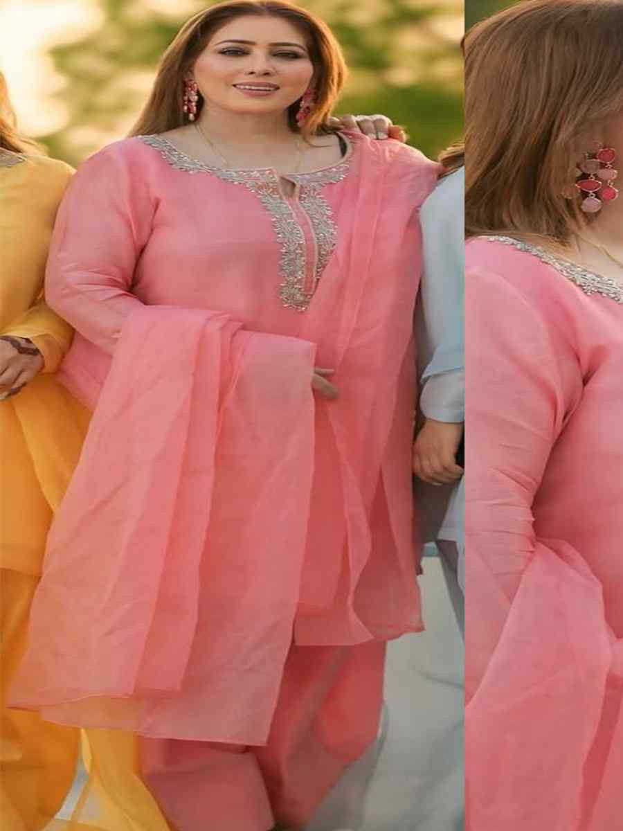 Pink Faux Georgette Embroidered Festival Casual Ready Farsi Pant Salwar Kameez