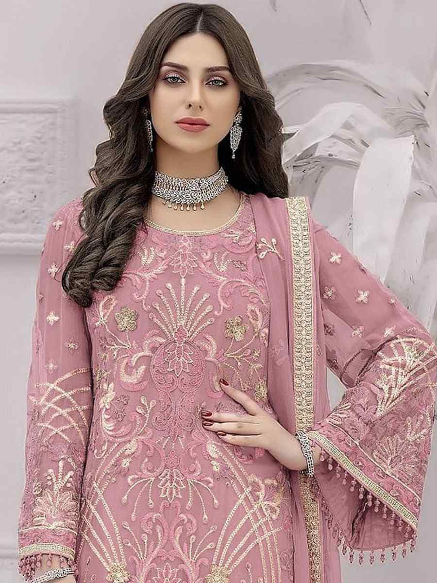 Pink Faux Georgette Embroidered Festival Party Palazzo Pant Salwar Kameez