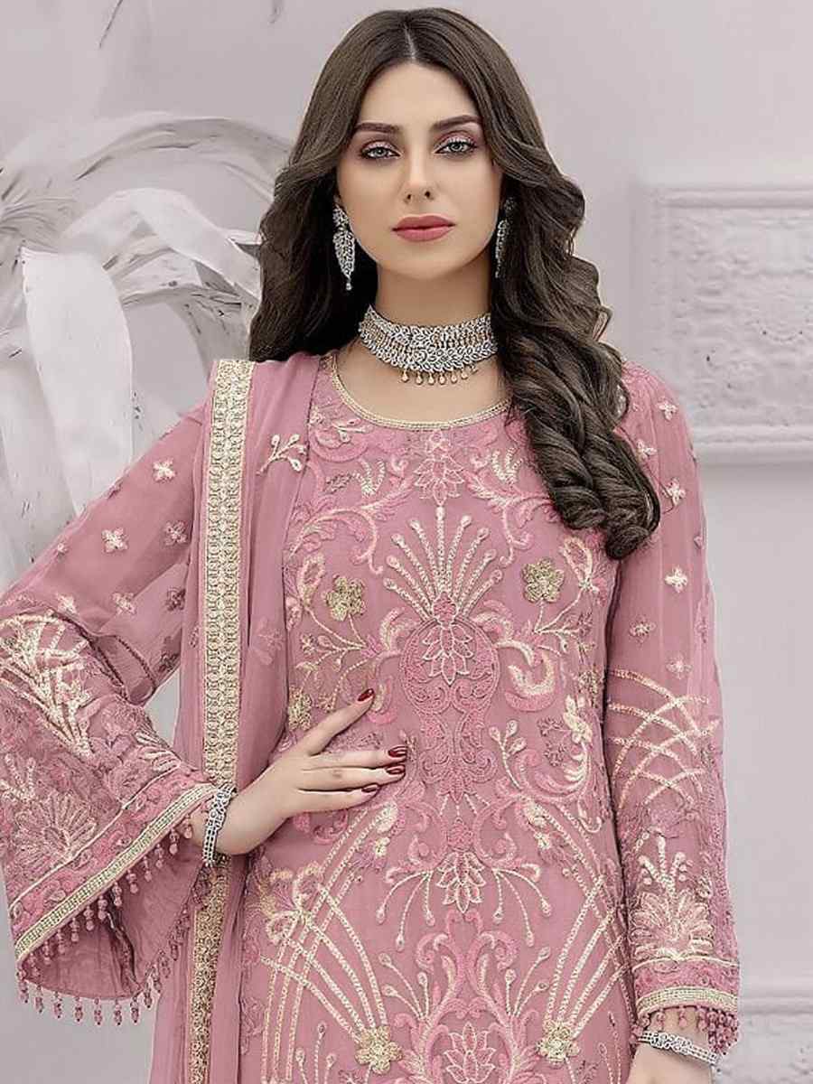 Pink Faux Georgette Embroidered Festival Party Palazzo Pant Salwar Kameez