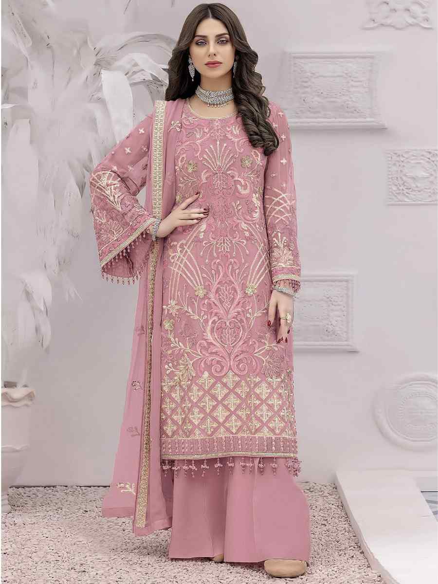 Pink Faux Georgette Embroidered Festival Party Palazzo Pant Salwar Kameez