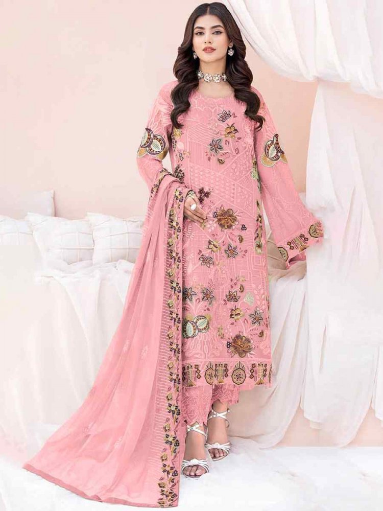 Pink Faux Georgette Embroidered Festival Party Pant Salwar Kameez