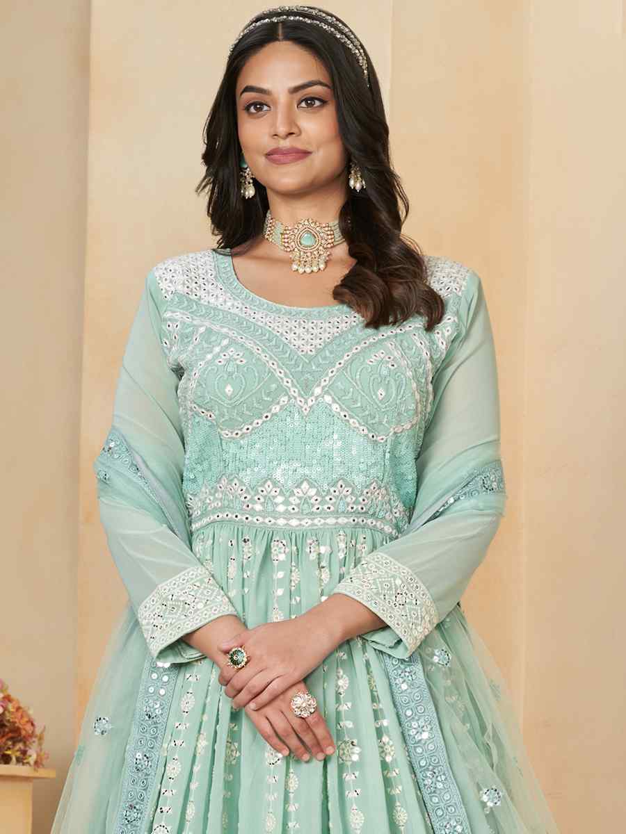 Sky Blue Faux Georgette Embroidered Festival Wedding Anarkali Salwar Kameez