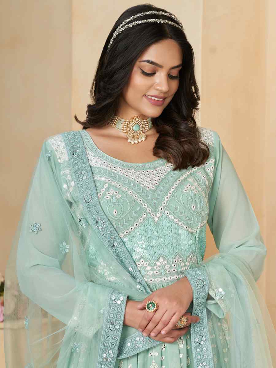 Sky Blue Faux Georgette Embroidered Festival Wedding Anarkali Salwar Kameez