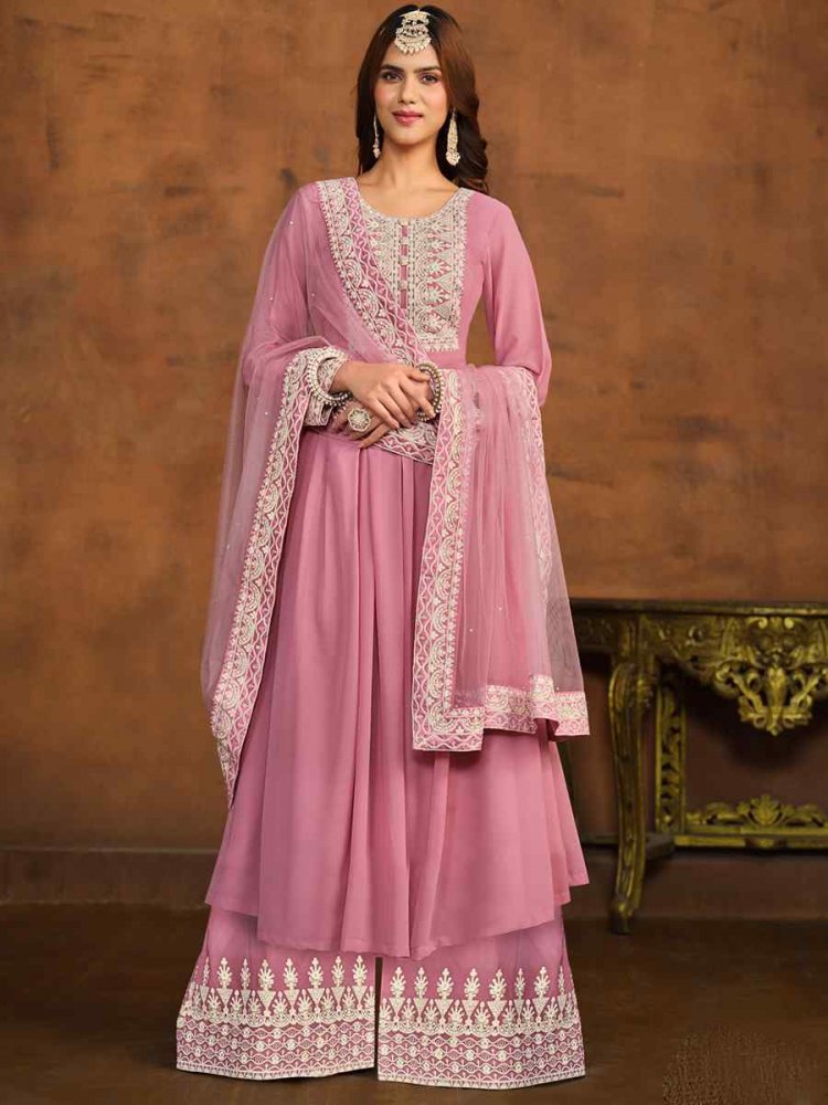 Pink Faux Georgette Embroidered Festival Wedding Anarkali Salwar Kameez