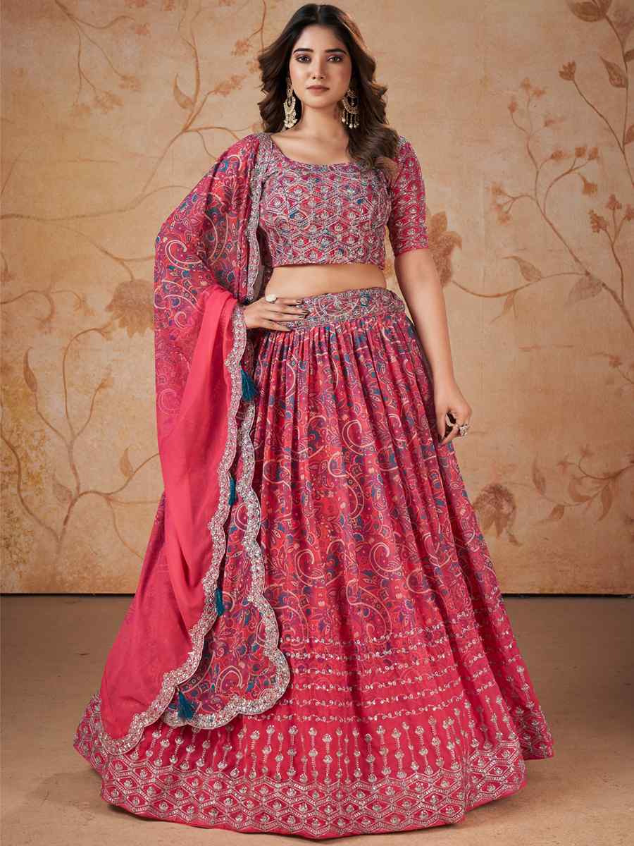 Pink Faux Georgette Embroidered Festival Wedding Circular Lehenga Choli