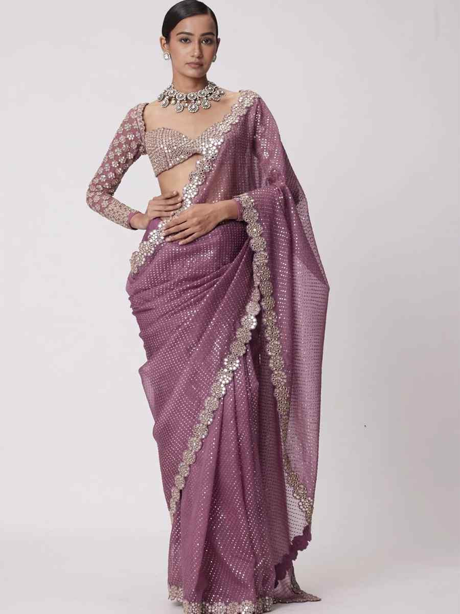 Pink Faux Georgette Embroidered Festival Wedding Fancy Heavy Border Saree