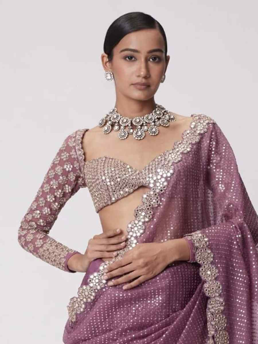 Pink Faux Georgette Embroidered Festival Wedding Fancy Heavy Border Saree