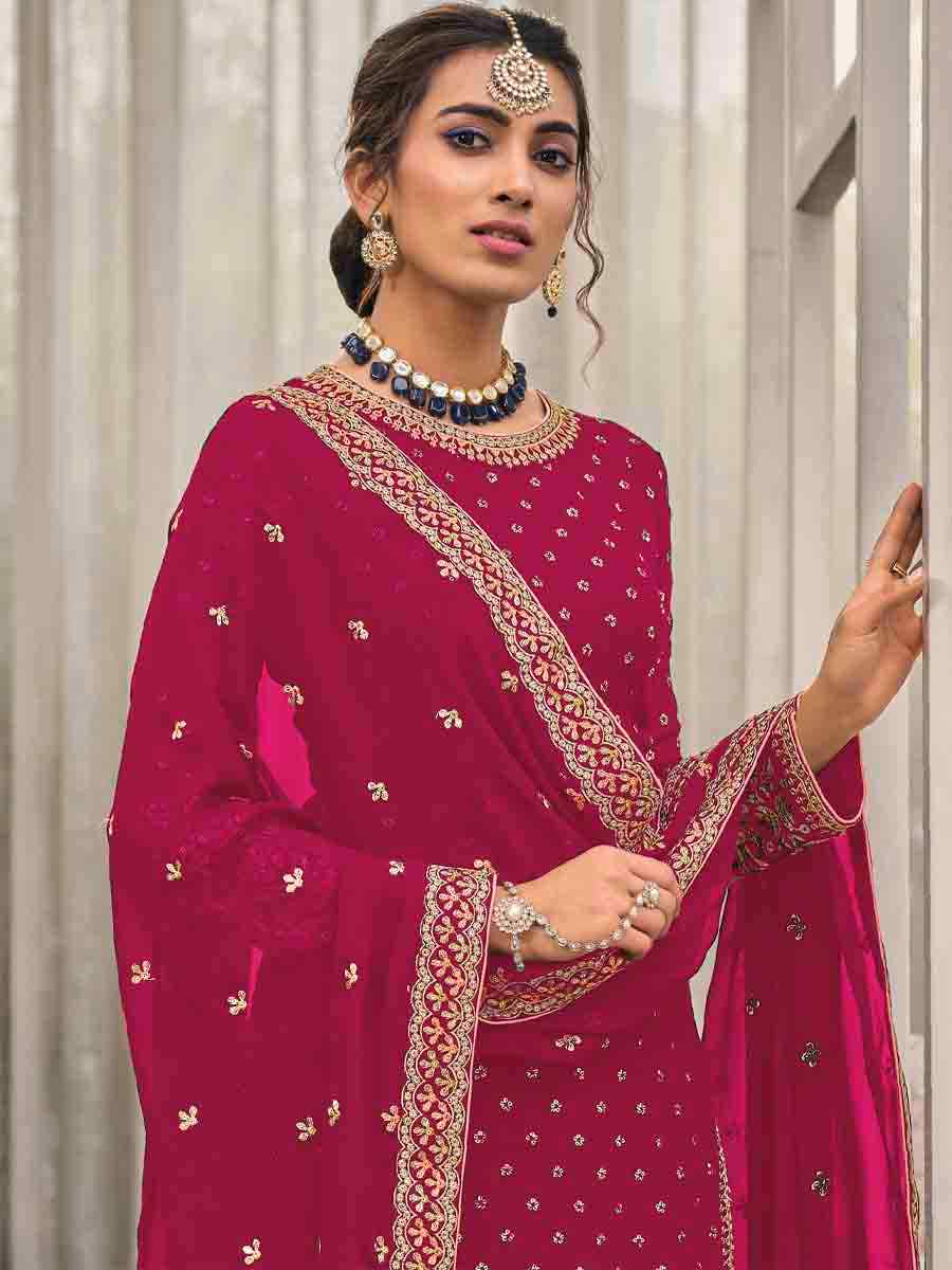 Pink Faux Georgette Embroidered Festival Wedding Palazzo Pant Salwar Kameez