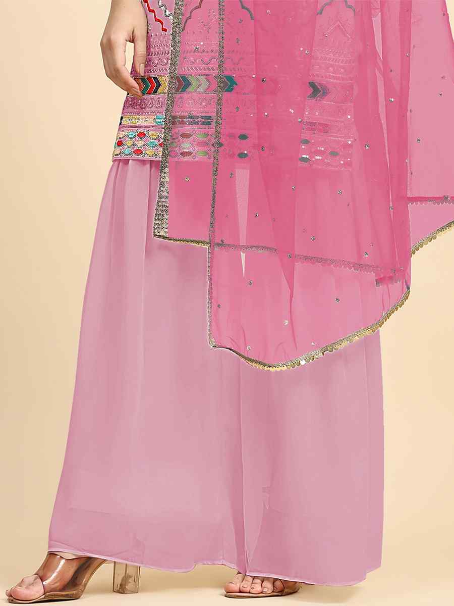 Pink Faux Georgette Embroidered Festival Wedding Palazzo Pant Salwar Kameez