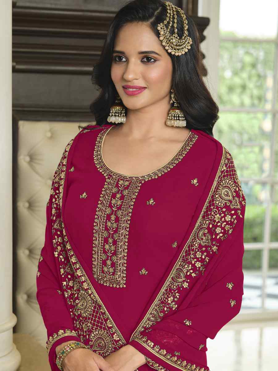 Pink Faux Georgette Embroidered Festival Wedding Palazzo Pant Salwar Kameez