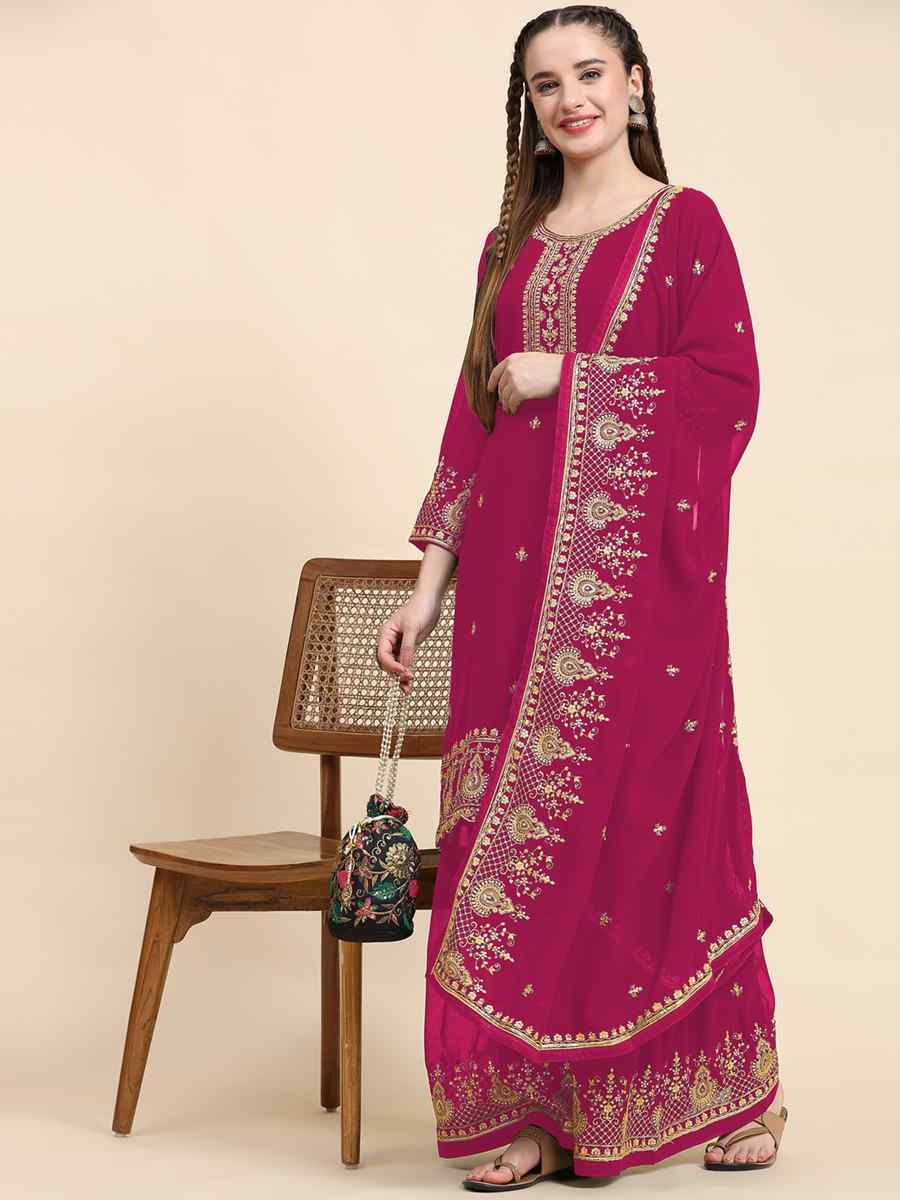 Pink Faux Georgette Embroidered Festival Wedding Palazzo Pant Salwar Kameez