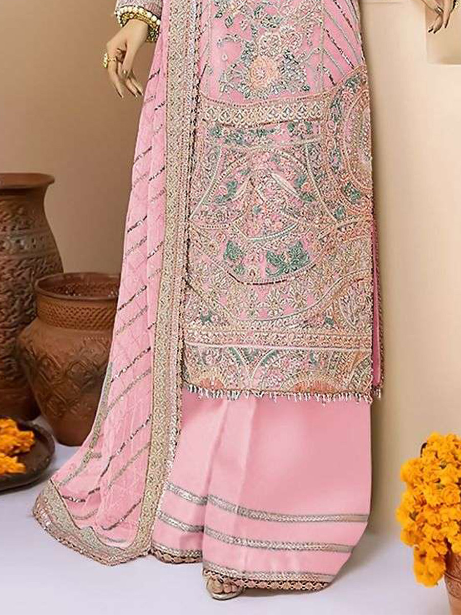 Pink Faux Georgette Embroidered Festival Wedding Palazzo Pant Salwar Kameez