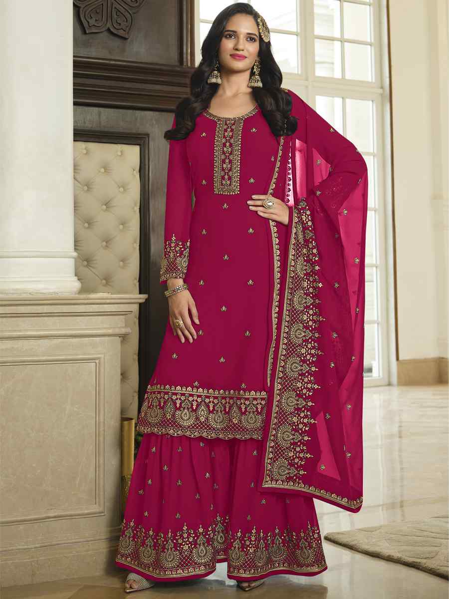 Pink Faux Georgette Embroidered Festival Wedding Palazzo Pant Salwar Kameez