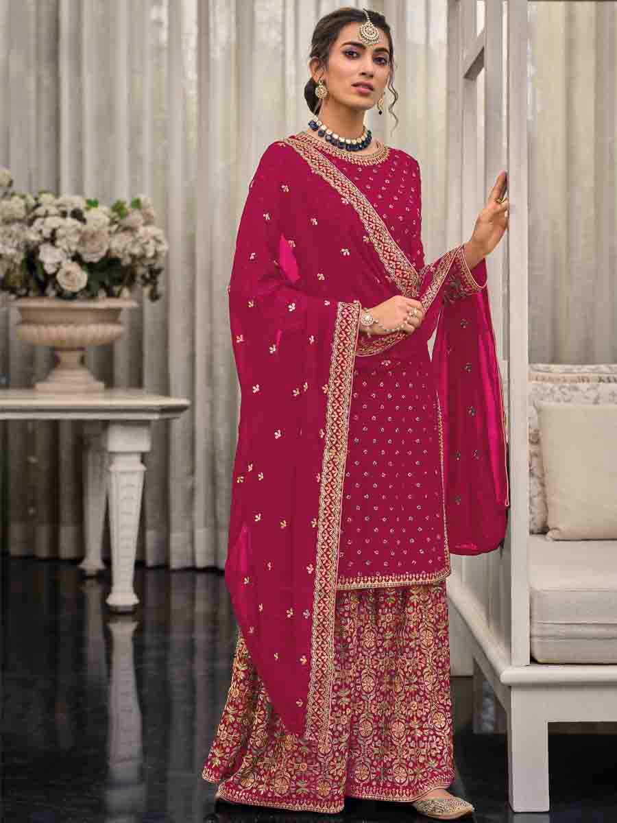 Pink Faux Georgette Embroidered Festival Wedding Palazzo Pant Salwar Kameez