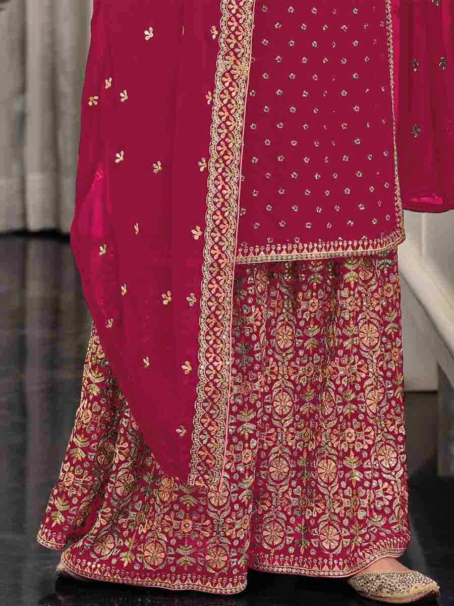 Pink Faux Georgette Embroidered Festival Wedding Palazzo Pant Salwar Kameez