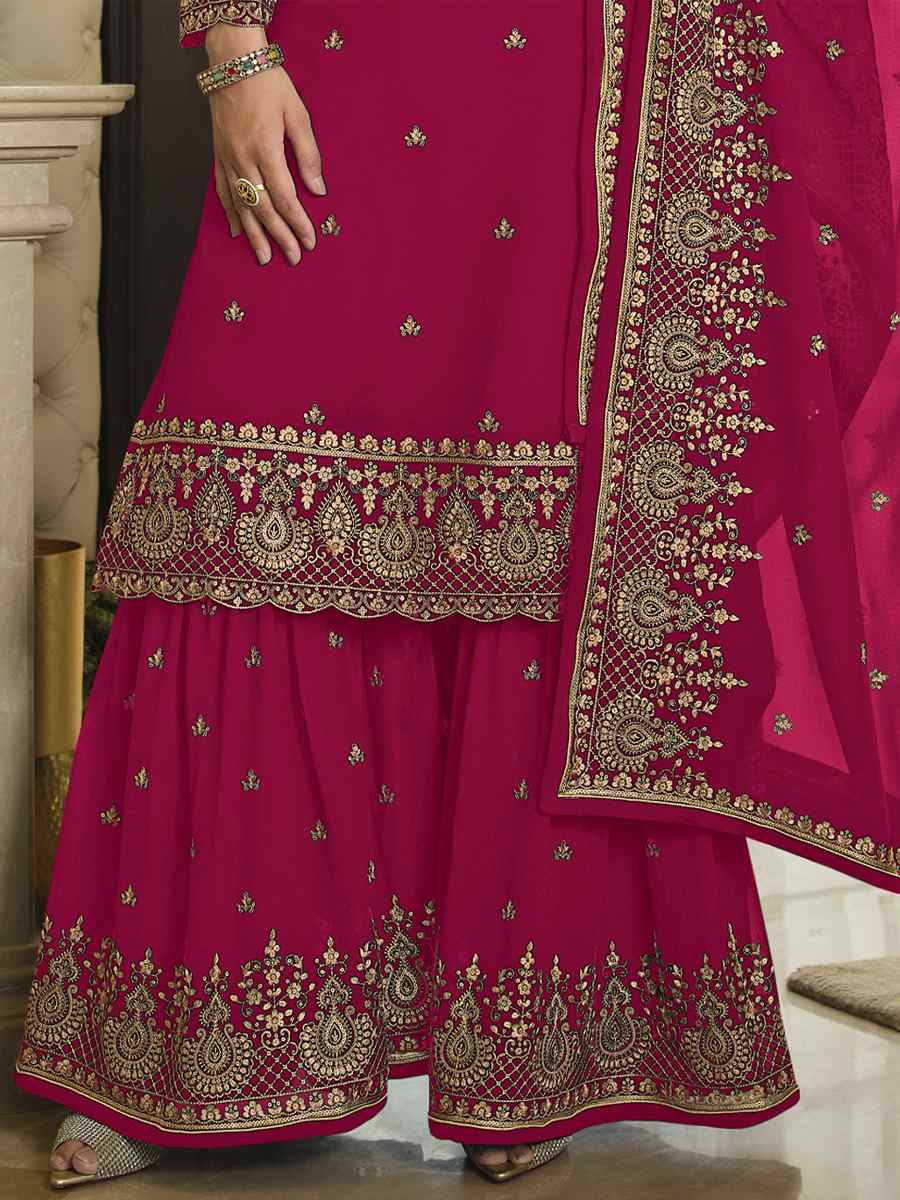 Pink Faux Georgette Embroidered Festival Wedding Palazzo Pant Salwar Kameez