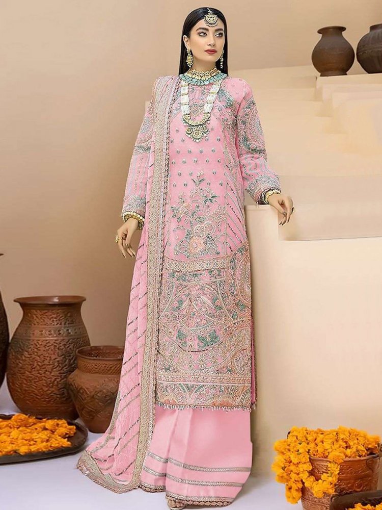 Pink Faux Georgette Embroidered Festival Wedding Palazzo Pant Salwar Kameez