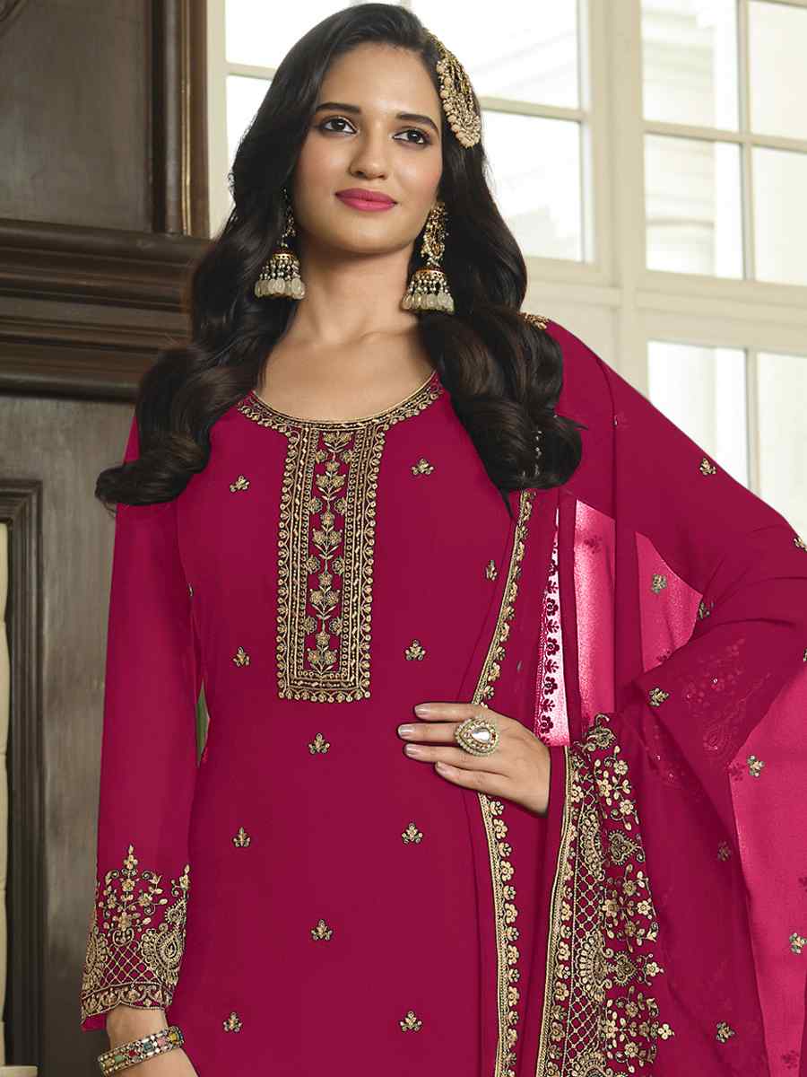 Pink Faux Georgette Embroidered Festival Wedding Palazzo Pant Salwar Kameez