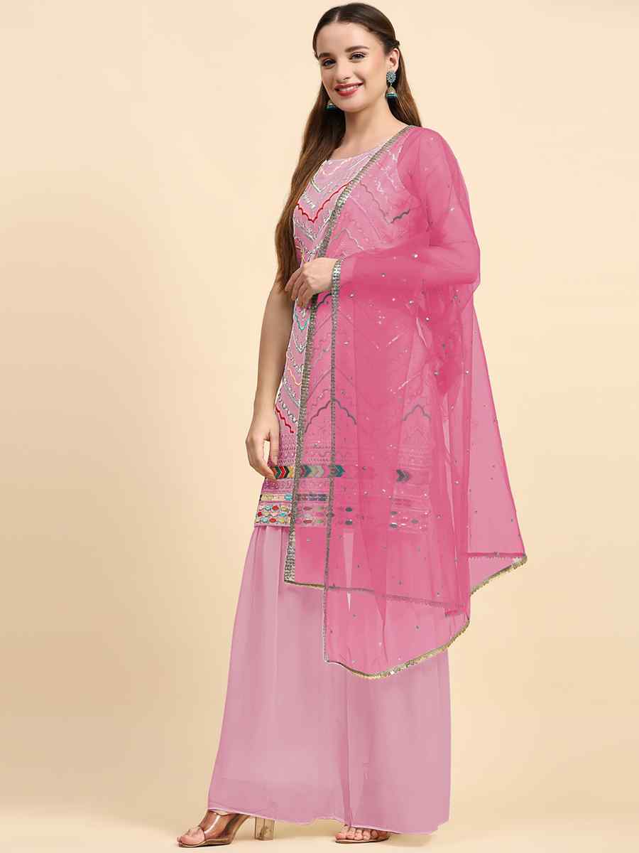 Pink Faux Georgette Embroidered Festival Wedding Palazzo Pant Salwar Kameez