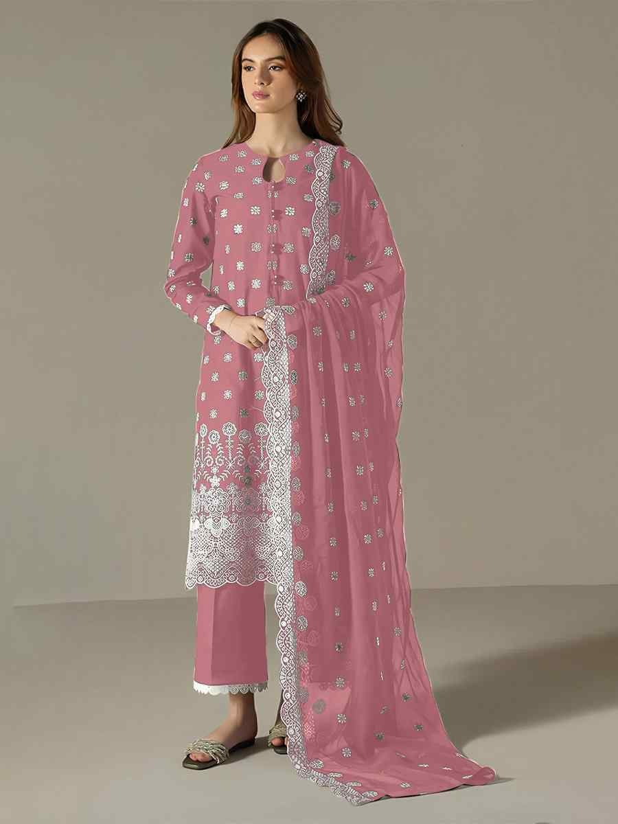 Pink Faux Georgette Embroidered Festival Wedding Pant Salwar Kameez