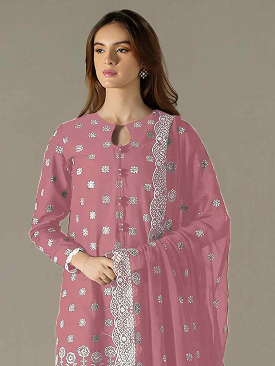 Pink Faux Georgette Embroidered Festival Wedding Pant Salwar Kameez
