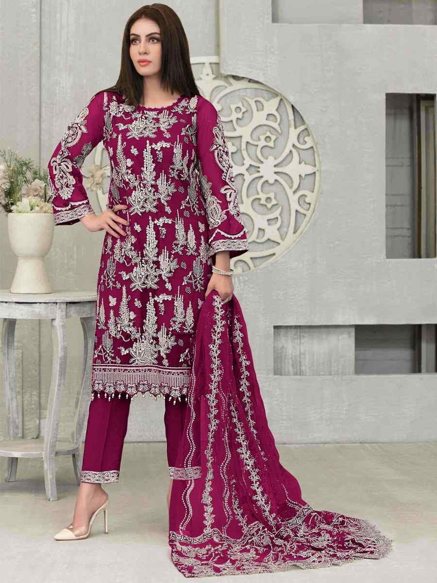 Pink Faux Georgette Embroidered Festival Wedding Pant Salwar Kameez