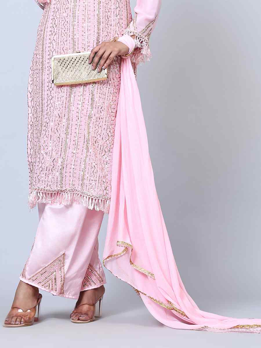 Pink Faux Georgette Embroidered Festival Wedding Pant Salwar Kameez