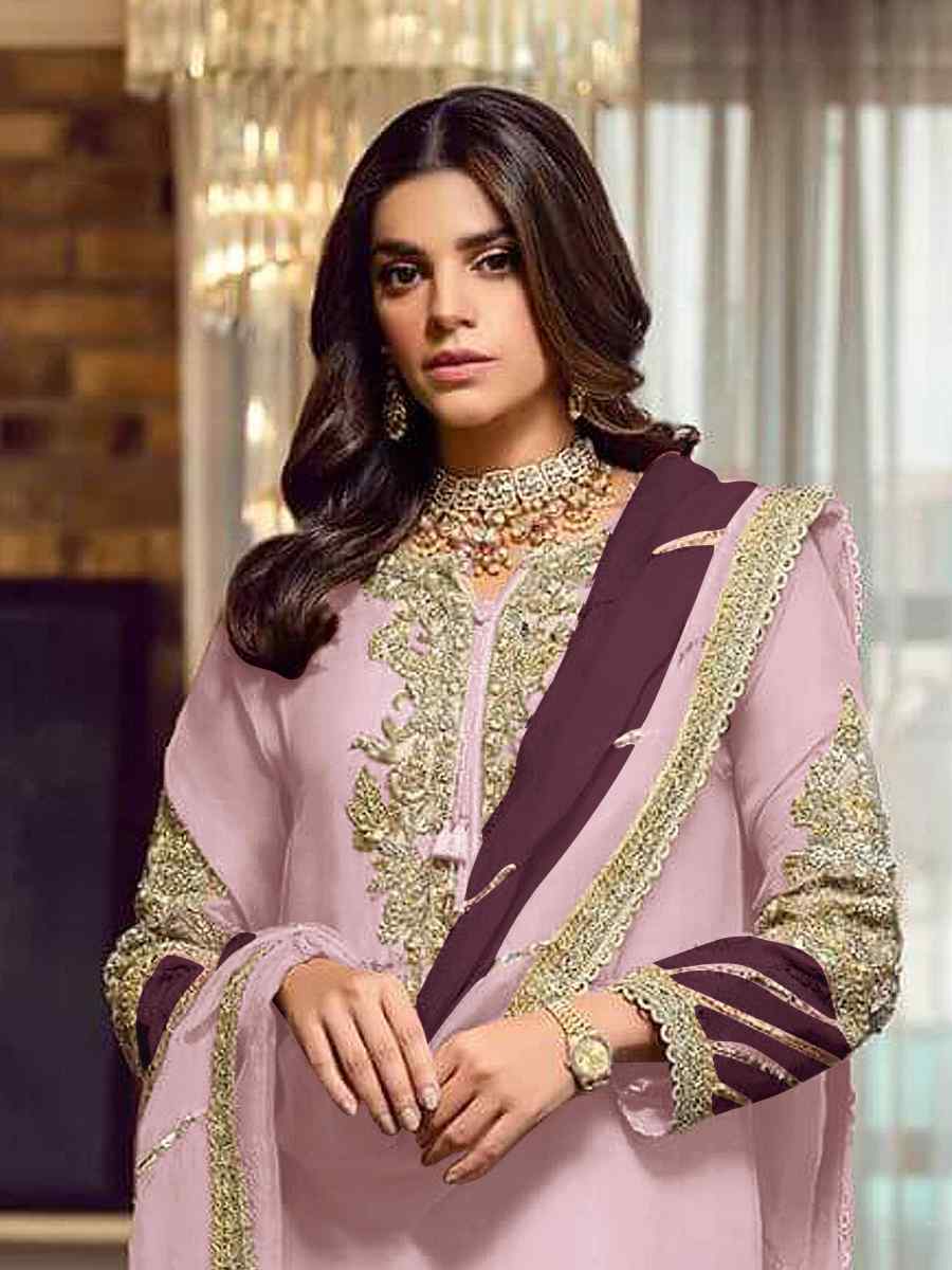 Pink Faux Georgette Embroidered Festival Wedding Pant Salwar Kameez