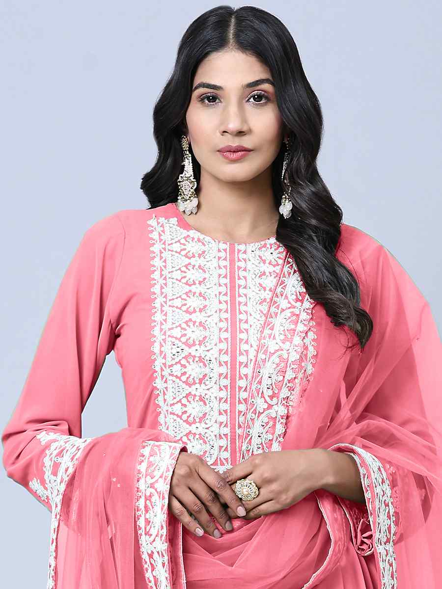 Pink Faux Georgette Embroidered Festival Wedding Pant Salwar Kameez