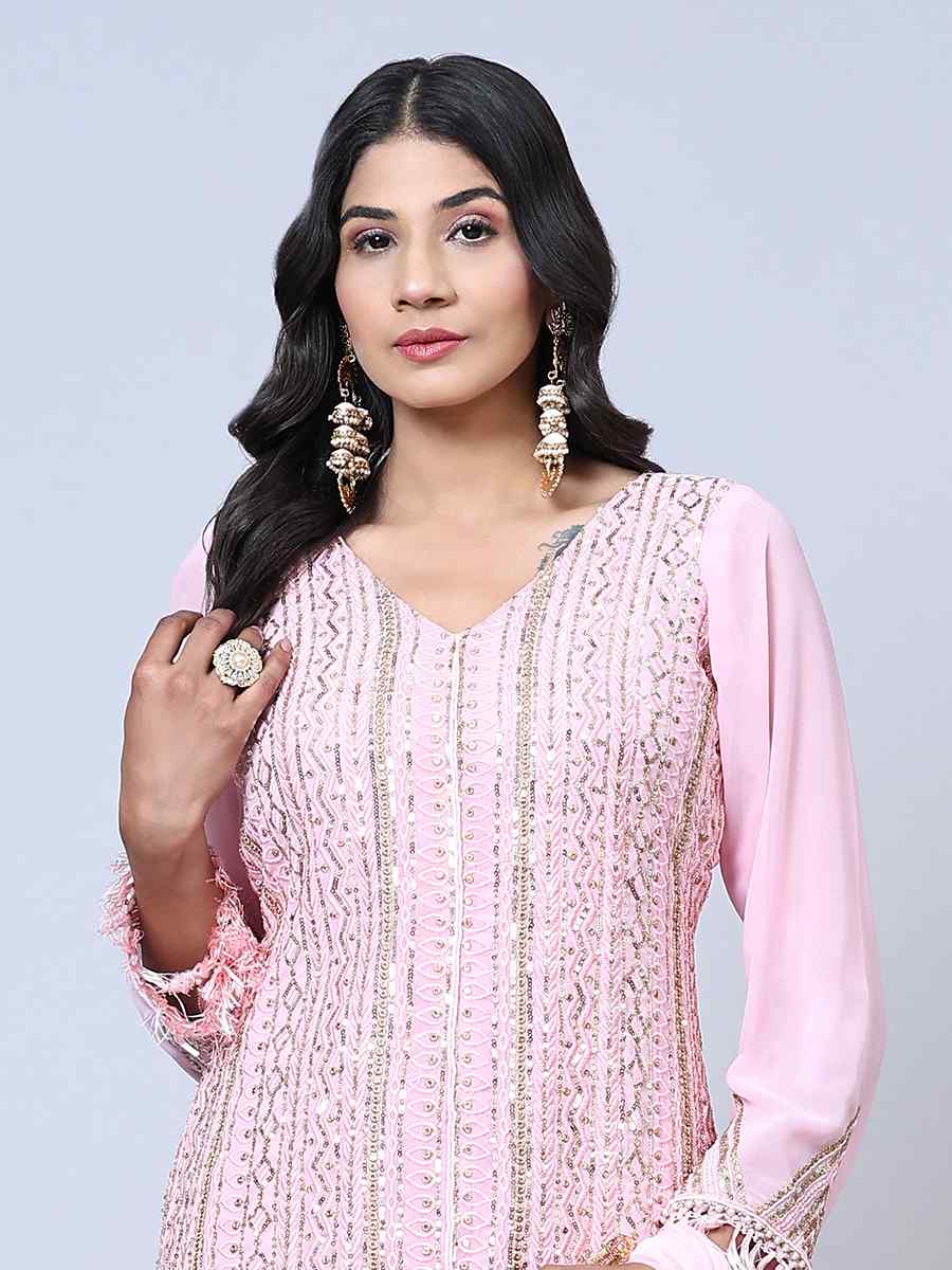 Pink Faux Georgette Embroidered Festival Wedding Pant Salwar Kameez