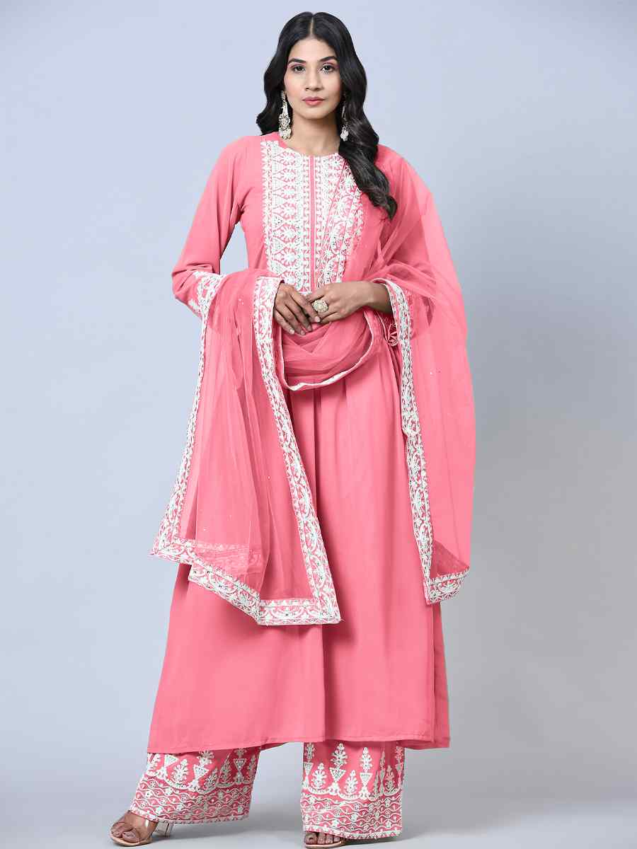 Pink Faux Georgette Embroidered Festival Wedding Pant Salwar Kameez