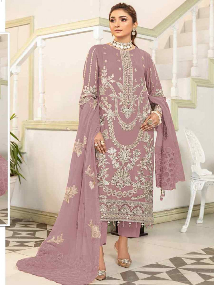 Pink Faux Georgette Embroidered Festival Wedding Pant Salwar Kameez