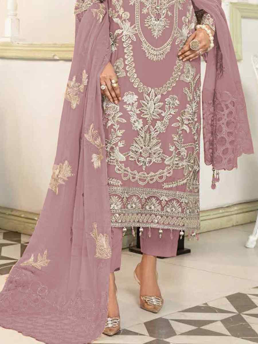 Pink Faux Georgette Embroidered Festival Wedding Pant Salwar Kameez
